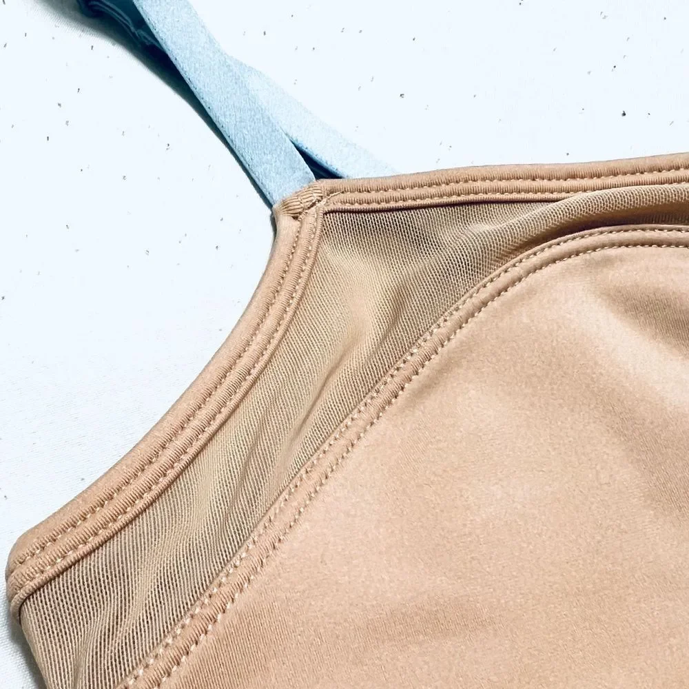 Fabletics Makayla Bra Low Impact Cinch Front Tan With Blue Straps Size L NWT